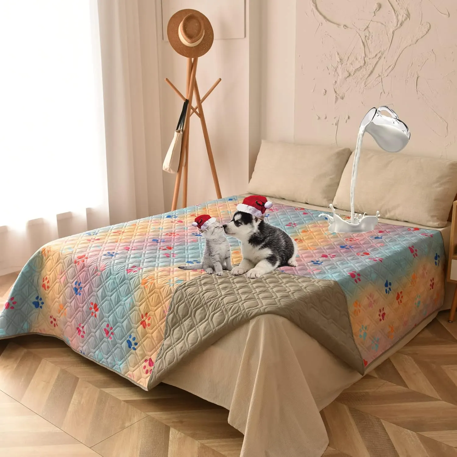 100% Waterproof Dog Bed Cover 52x82 inch Reversible Changing Pad Reusable Camping Mat for Kids/Pet/Dog/Cat Washable Geometric Embroidery Blanket Patchwork Rainbow Dog Paw Printed Gray