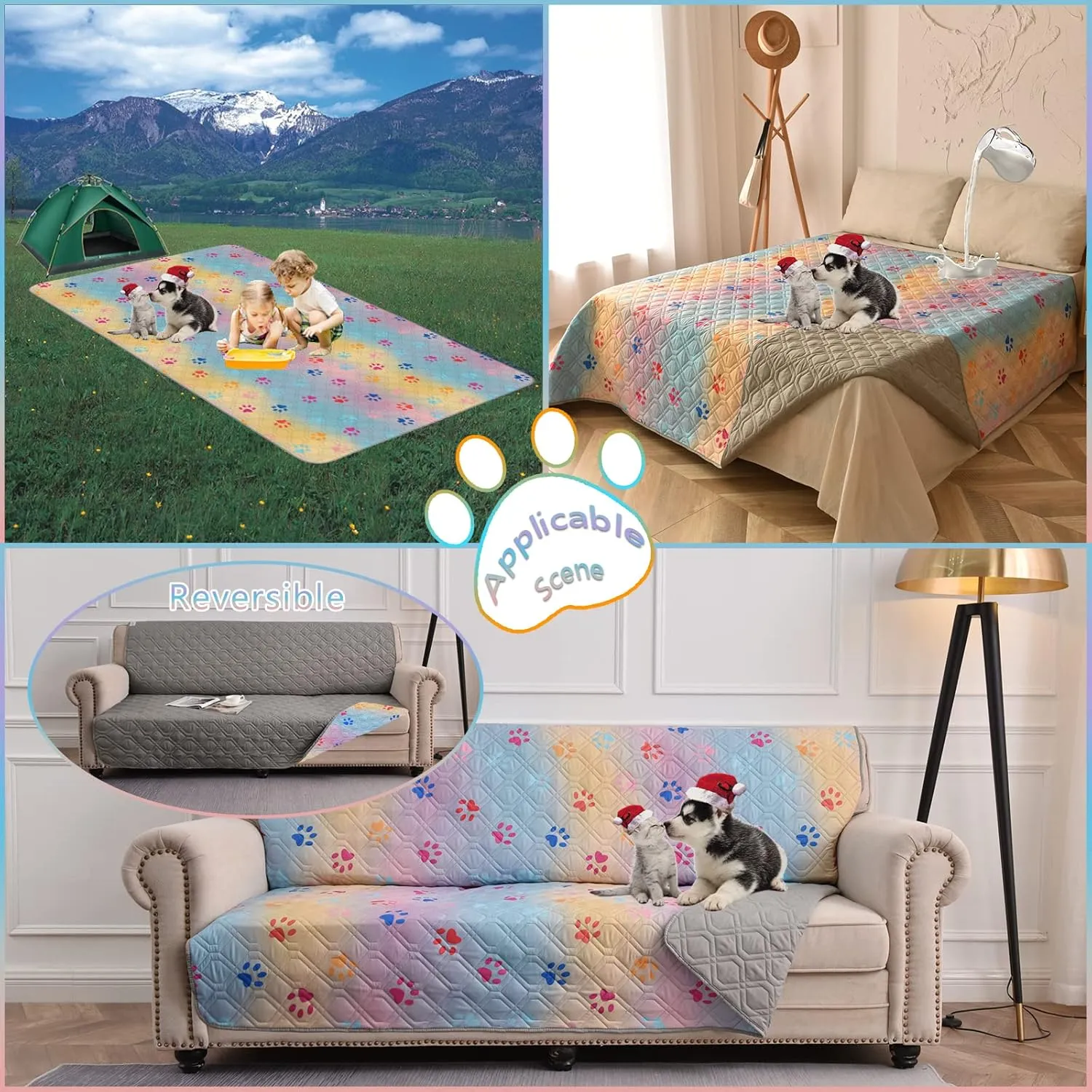 100% Waterproof Dog Bed Cover 52x82 inch Reversible Changing Pad Reusable Camping Mat for Kids/Pet/Dog/Cat Washable Geometric Embroidery Blanket Patchwork Rainbow Dog Paw Printed Gray