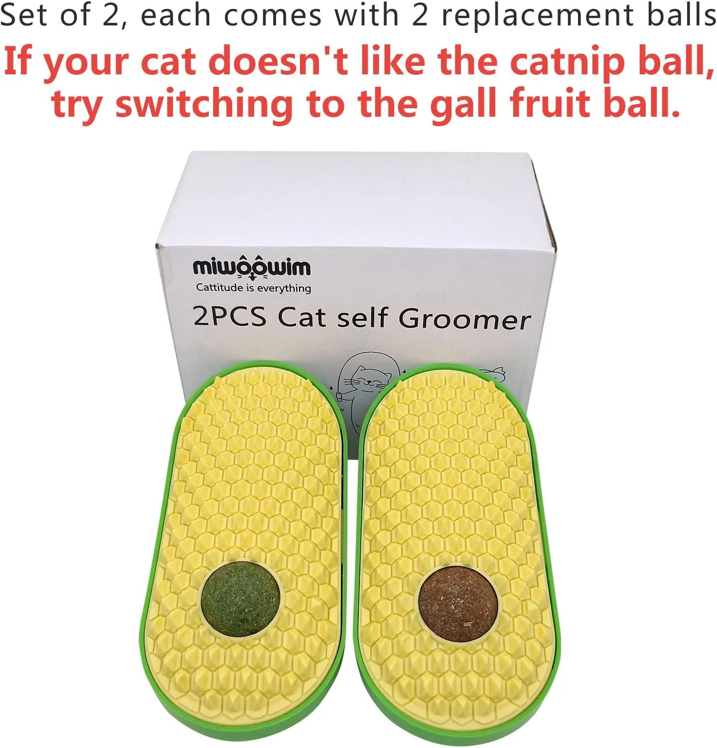 2 Pcs Catnip Toys Balls That Stick on Wall,Cat Toy Ball, Catnip Ball for Cats Lick,Cat Face Scratchers Brush Rubbing Post, (Yellow)