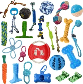 25-Pack Premium  Dog Chew Toys for Puppies/Teething Chew Toys for Boredom/Pet Toothbrush/Ropes/Balls/Squeaky Toys for Bulk Bundle Varity Pack- Small Medium Aggressive chewers