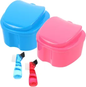 2Sets Dentures Case with Apple Shaped Design Includes Dentures Toothbrush for Cleaning and Soaking of Partial Dentures Chic and Colors