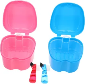 2Sets Shaped Dentures Case with Leak Design Cleaning Brush Stylish Travel Container for Full Partial Dentures Retainers and Toothbrush