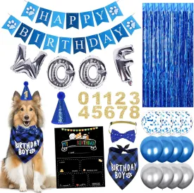 32 PCS Dog Birthday Party Supplies - Dog Birthday Bandana Set - Birthday Girl Decorations Curtain for Multi Sizes Dogs Party Hat, Dog Birthday Banner with Woof Balloons, Bowtie(32Pcs,Boy)