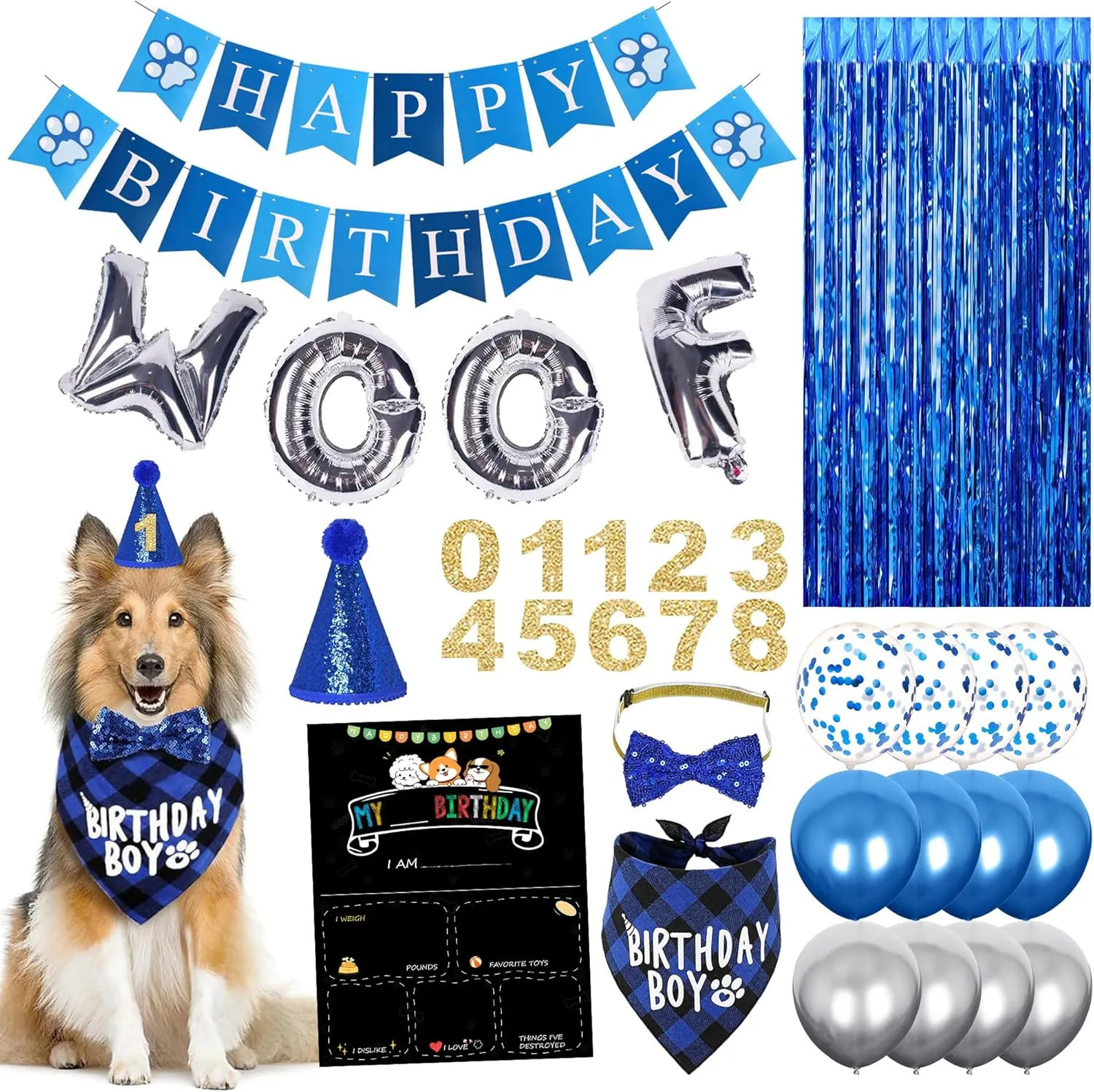 32 PCS Dog Birthday Party Supplies - Dog Birthday Bandana Set - Birthday Girl Decorations Curtain for Multi Sizes Dogs Party Hat, Dog Birthday Banner with Woof Balloons, Bowtie(32Pcs,Boy)