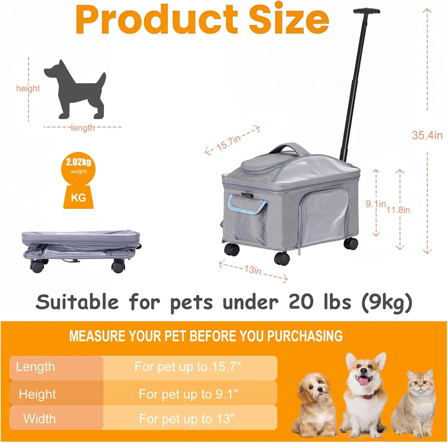 4-in-1 Cat Car Seat and Cat Carrier with Removable Wheels Booster Car Seats for Small Dogs Cats Comes with Shoulder Strap Clip-On Safety Leash and Thickened Pads, Pet Travel Carrier Bed up to 15lbs