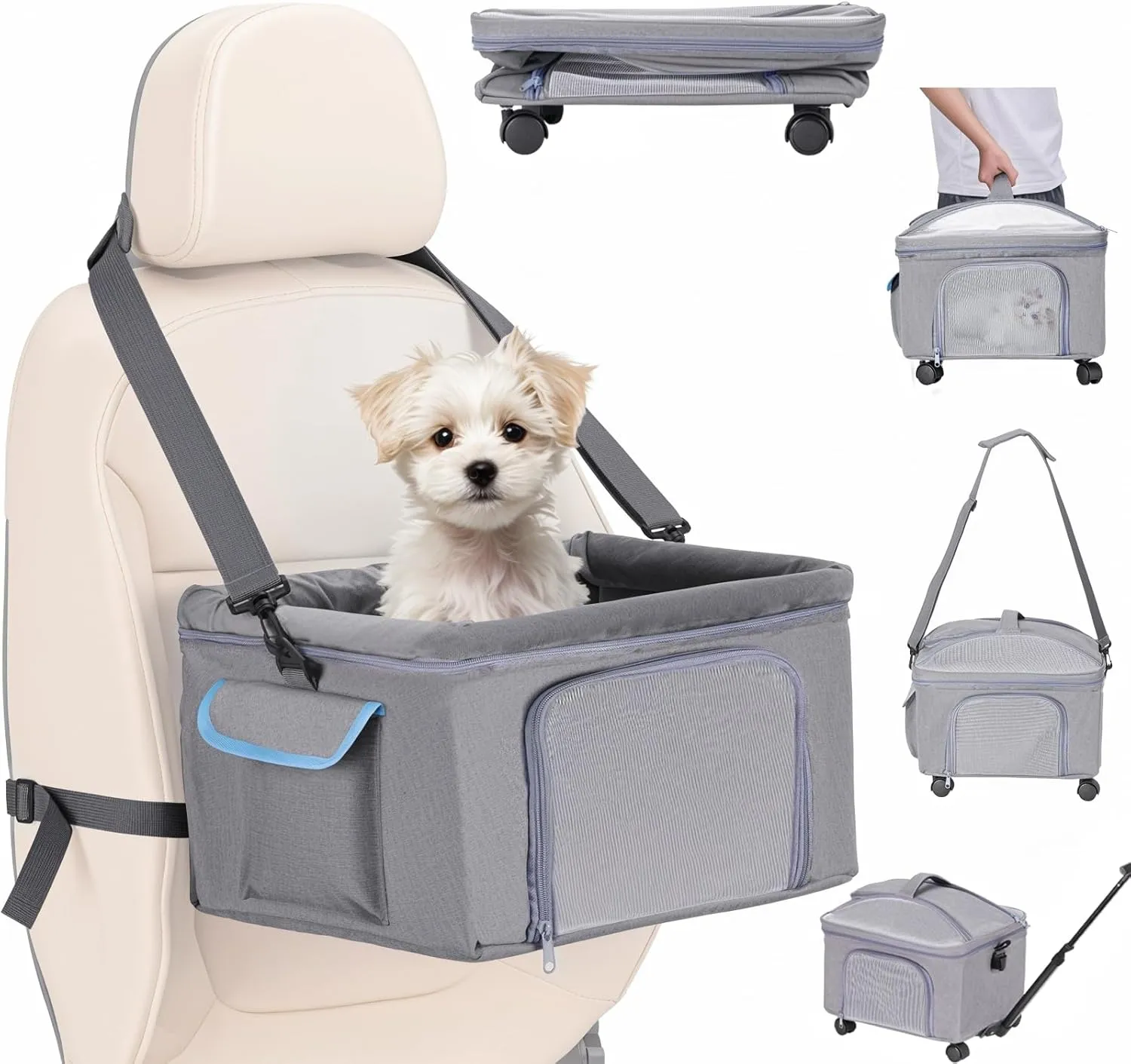 4-in-1 Cat Car Seat and Cat Carrier with Removable Wheels Booster Car Seats for Small Dogs Cats Comes with Shoulder Strap Clip-On Safety Leash and Thickened Pads, Pet Travel Carrier Bed up to 15lbs