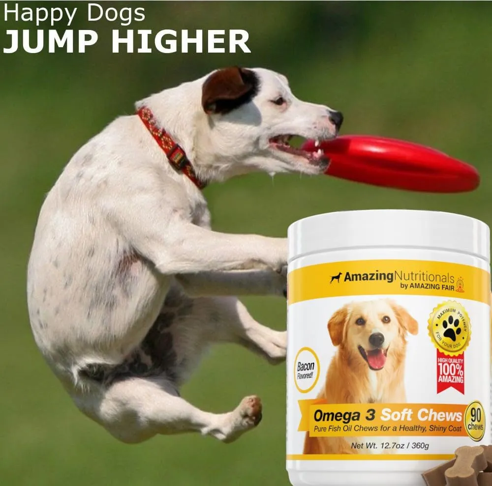 Amazing Omega 3 for Dogs - Omega 3 Fish Oil for Dogs Supplement for Itchy Skin Relief for Dry Skin and Hot Spots and Shedding Coat with EPA and DHA Fatty Acids - 90 Bacon Soft Chews