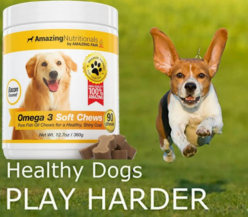 Amazing Omega 3 for Dogs - Omega 3 Fish Oil for Dogs Supplement for Itchy Skin Relief for Dry Skin and Hot Spots and Shedding Coat with EPA and DHA Fatty Acids - 90 Bacon Soft Chews