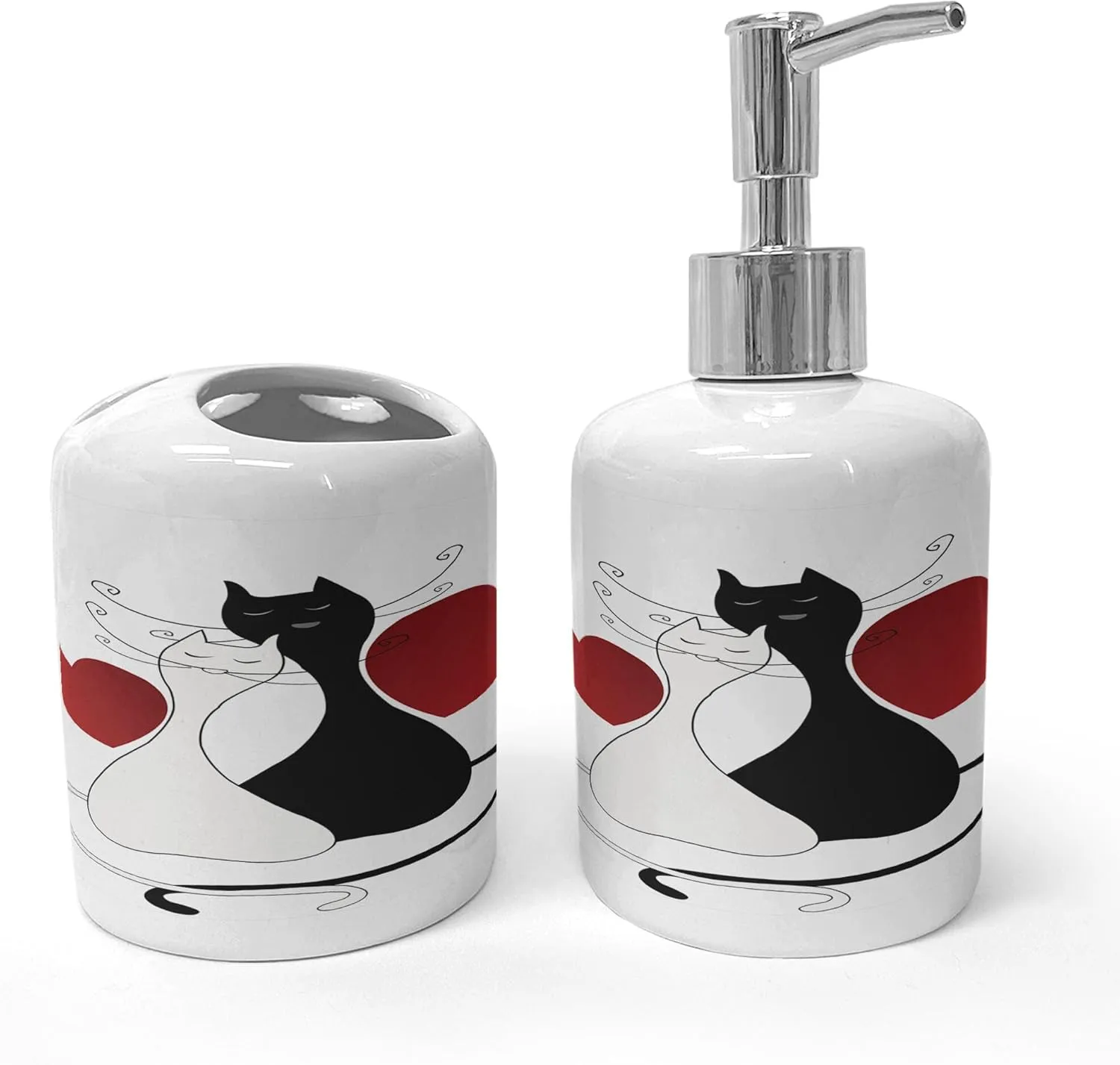Ambesonne Cats Soap Dispenser & Toothbrush Holder Set, Romantic Kittens Pets Couple 2 Tails Hearts and Black Stripes Animals in Love, Ceramic Bathroom Toiletry Accessories, 2 Pcs, White Black Red