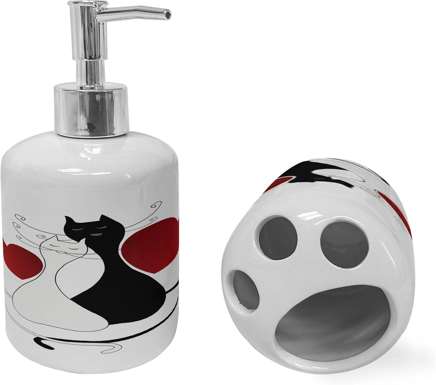Ambesonne Cats Soap Dispenser & Toothbrush Holder Set, Romantic Kittens Pets Couple 2 Tails Hearts and Black Stripes Animals in Love, Ceramic Bathroom Toiletry Accessories, 2 Pcs, White Black Red