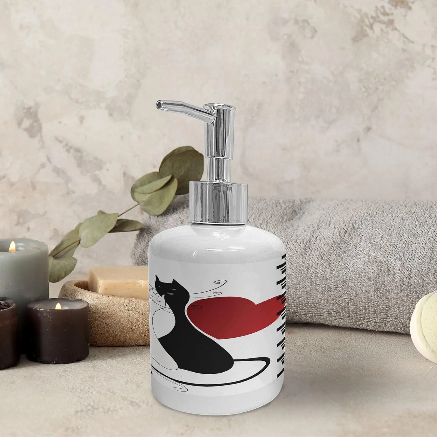 Ambesonne Cats Soap Dispenser & Toothbrush Holder Set, Romantic Kittens Pets Couple 2 Tails Hearts and Black Stripes Animals in Love, Ceramic Bathroom Toiletry Accessories, 2 Pcs, White Black Red