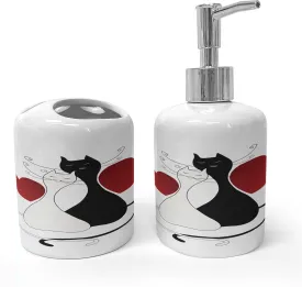 Ambesonne Cats Soap Dispenser & Toothbrush Holder Set, Romantic Kittens Pets Couple 2 Tails Hearts and Black Stripes Animals in Love, Ceramic Bathroom Toiletry Accessories, 2 Pcs, White Black Red