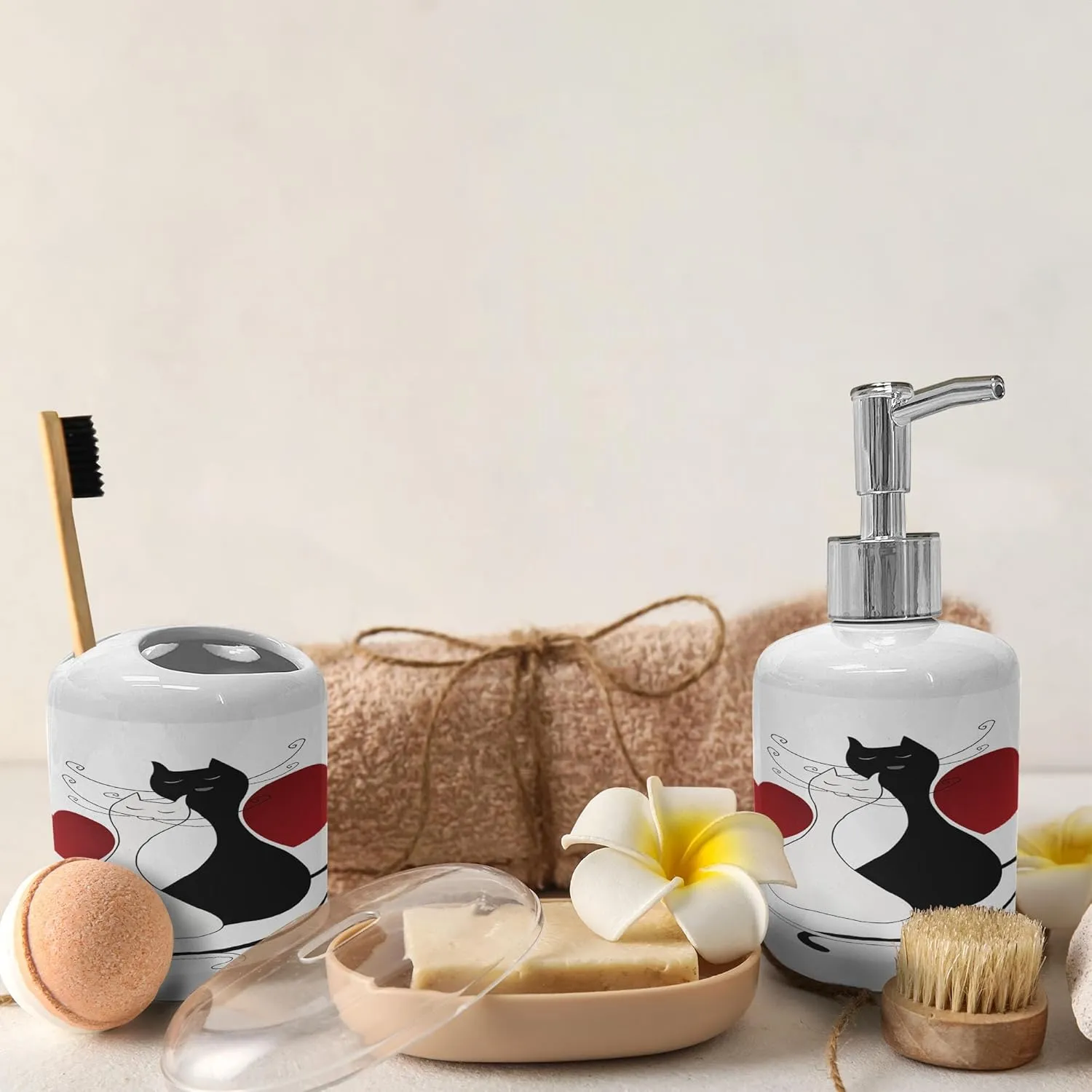 Ambesonne Cats Soap Dispenser & Toothbrush Holder Set, Romantic Kittens Pets Couple 2 Tails Hearts and Black Stripes Animals in Love, Ceramic Bathroom Toiletry Accessories, 2 Pcs, White Black Red