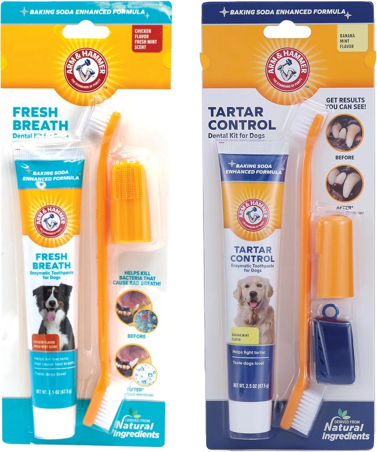 Arm & Hammer Dog Dental Care Kit Bundle  Includes Chicken Flavor Fresh Breath Kit & Banana Mint Tartar Control Kit with Toothpaste, Toothbrush & Fingerbrush, 3-Piece Sets, 2.5 oz Each