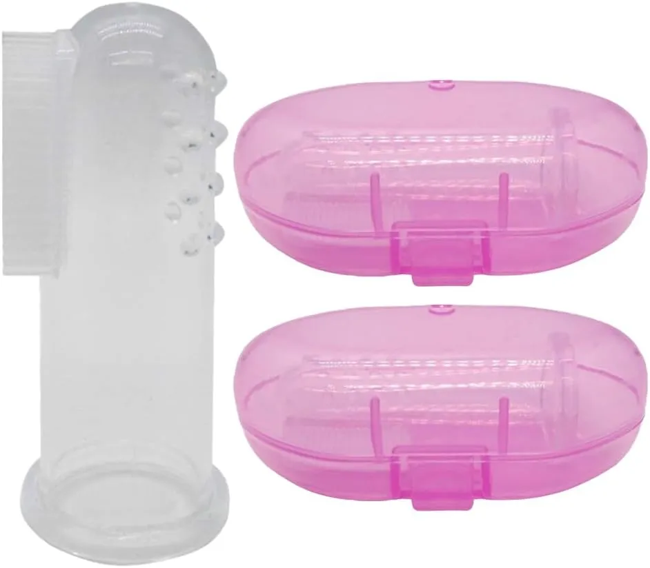 Baby Finger Toothbrush (Set of 2) - Silicone Baby Toothbrush with 2 Cases in Pink - Toddler Training Toothbrush - Newborn Oral Massager - Easy Oral Hygiene for Kids & Pets (Pink)