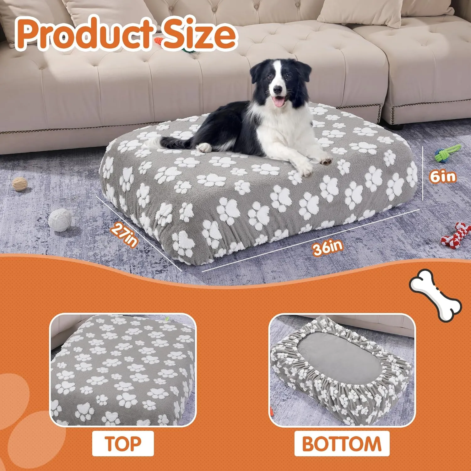 BALAPET Washable Dog Bed Cover 100% Waterproof, Soft Plush Velvet Dog Bed Covers Replacement Only, Fitted Reusable Cover for Pet Mat Bed(36x27x6in)