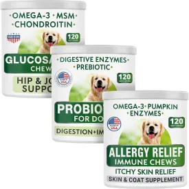 BARK&SPARK Glucosamine Dog Treats   Dog Probiotics Chews   Allergy Relief Dog Treats Bundle - Hip & Joint Support   Digestion Support, Upset Stomach Relief   Allergy and Itch Relief Supplement