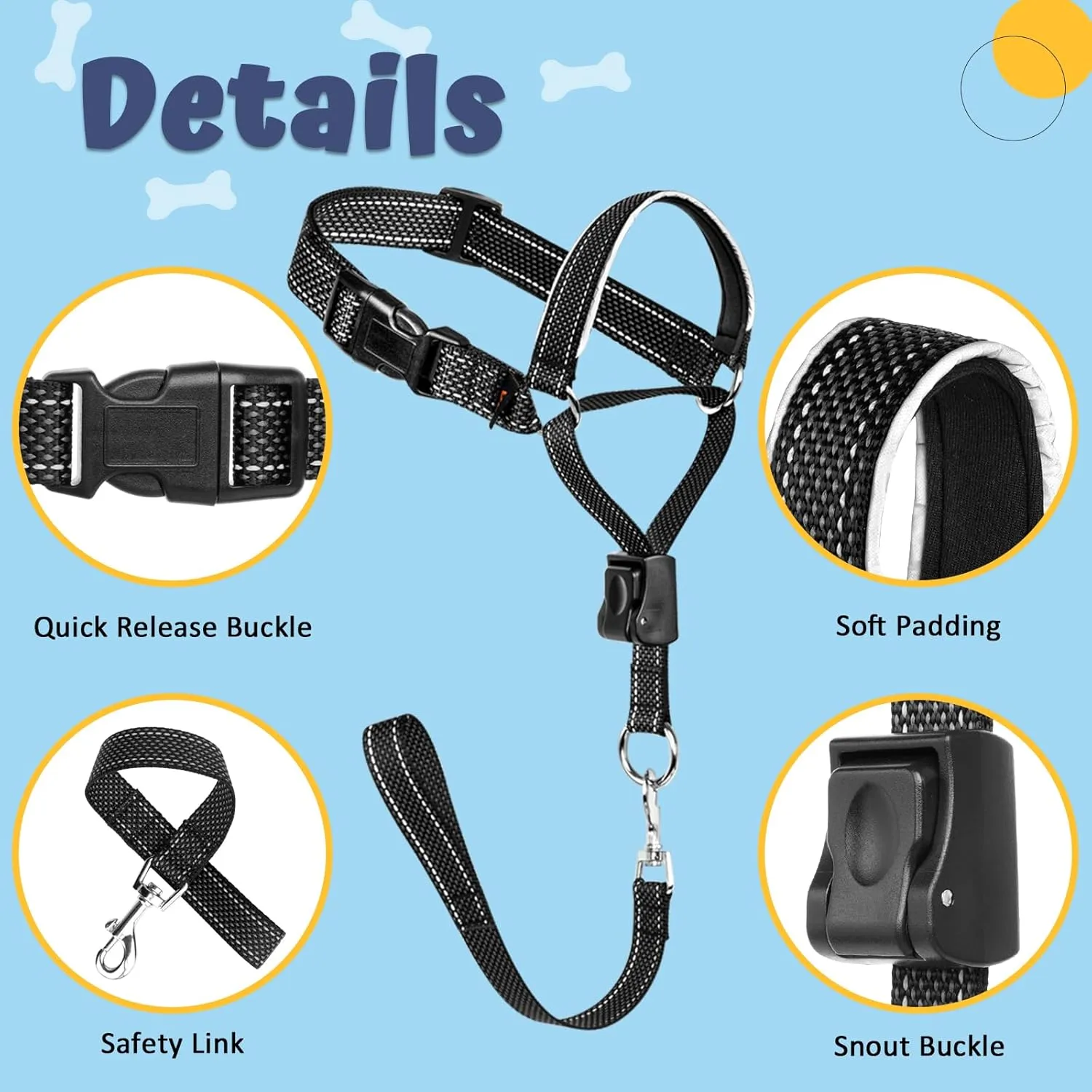 BARKLESS Dog Head Collar, Soft No Pull Head Halter, Reflective Muzzle Leash with Safety Link, Adjustable Headcollar, Padded Nose Leash for Large Medium Dogs Training Walking (Black, L)