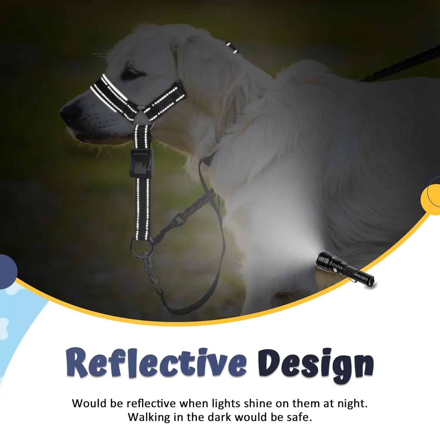 BARKLESS Dog Head Collar, Soft No Pull Head Halter, Reflective Muzzle Leash with Safety Link, Adjustable Headcollar, Padded Nose Leash for Large Medium Dogs Training Walking (Black, L)
