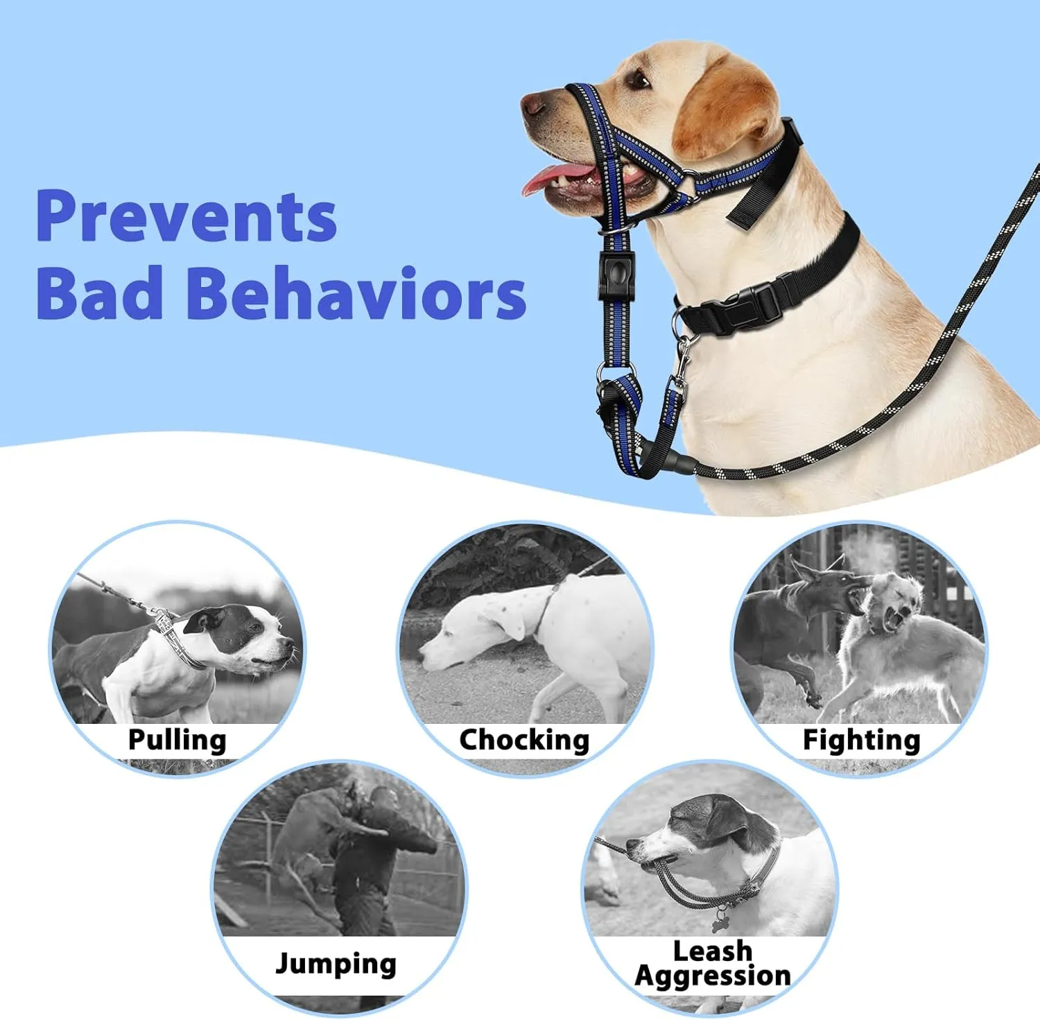 BARKLESS Soft Dog Head Collar, Patented Padded No Pull Head Halter, Training Nose Leash with Safety Link for Medium Large Dogs, Adjustable Muzzle Leash, Easy Control for Walking(Blue, M)