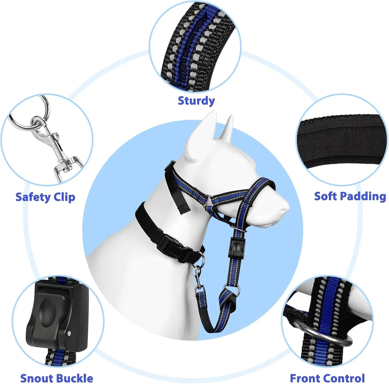 BARKLESS Soft Dog Head Collar, Patented Padded No Pull Head Halter, Training Nose Leash with Safety Link for Medium Large Dogs, Adjustable Muzzle Leash, Easy Control for Walking(Blue, M)