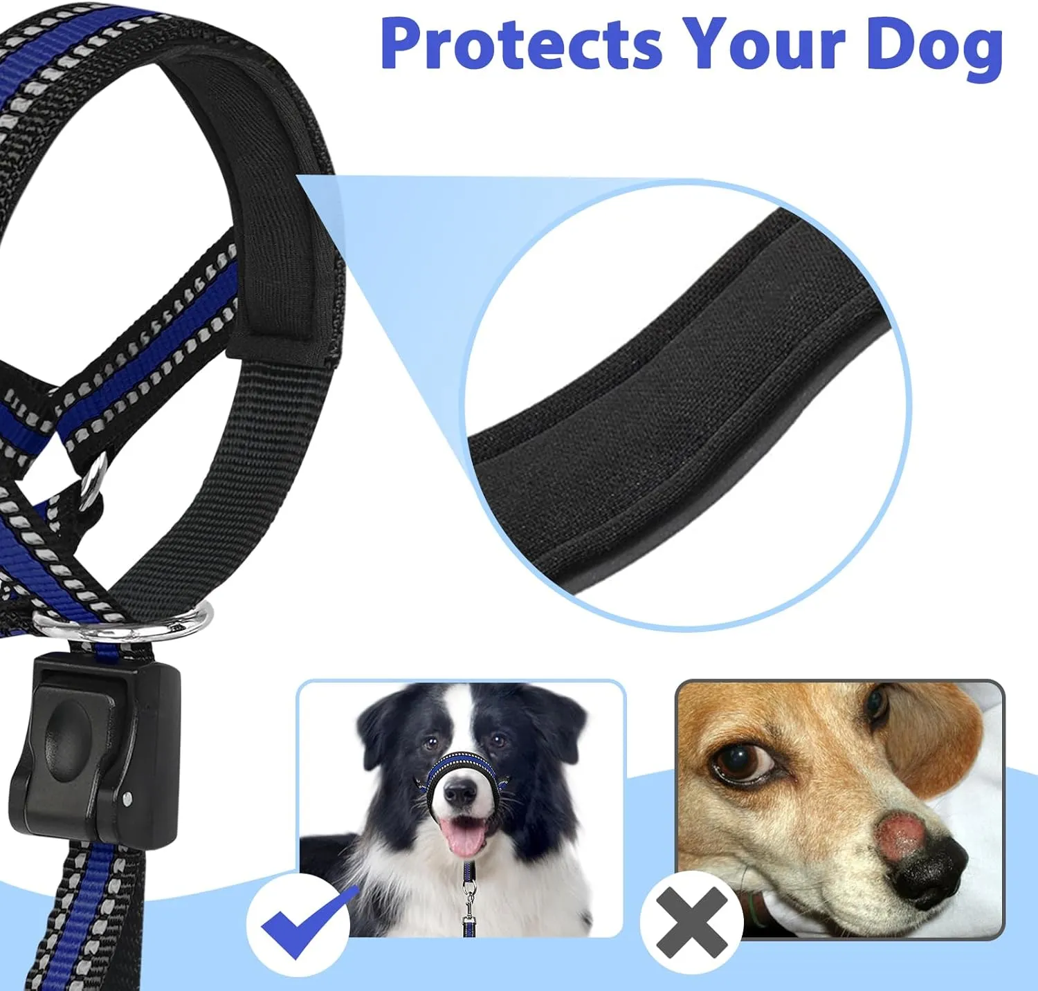 BARKLESS Soft Dog Head Collar, Patented Padded No Pull Head Halter, Training Nose Leash with Safety Link for Medium Large Dogs, Adjustable Muzzle Leash, Easy Control for Walking(Blue, M)