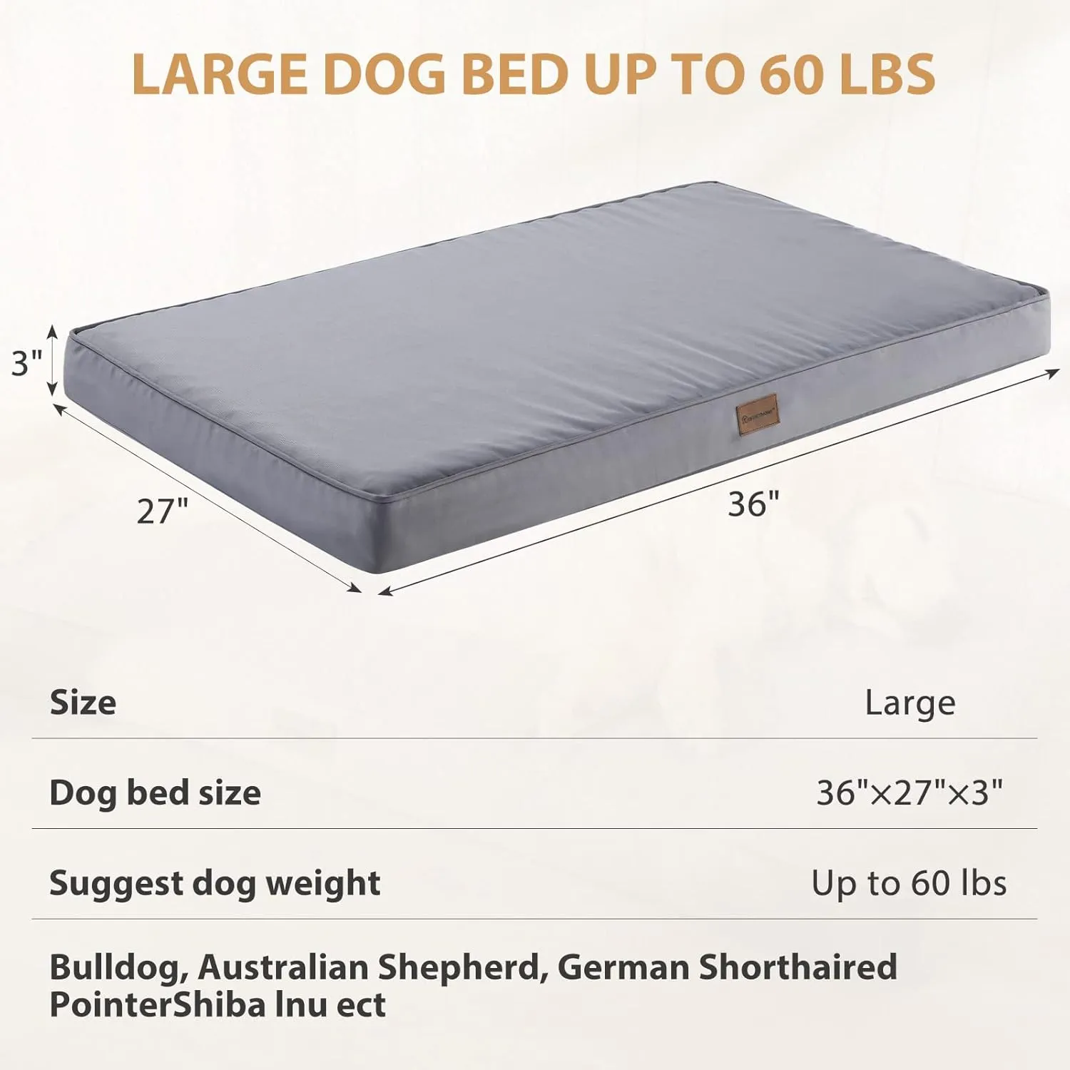 BFPETHOME Outdoor Dog Bed for Large Dogs, Waterproof, Orthopedic with Removable Washable Cover, Egg Crate Foam Mat (36 x 27 in, Grey)