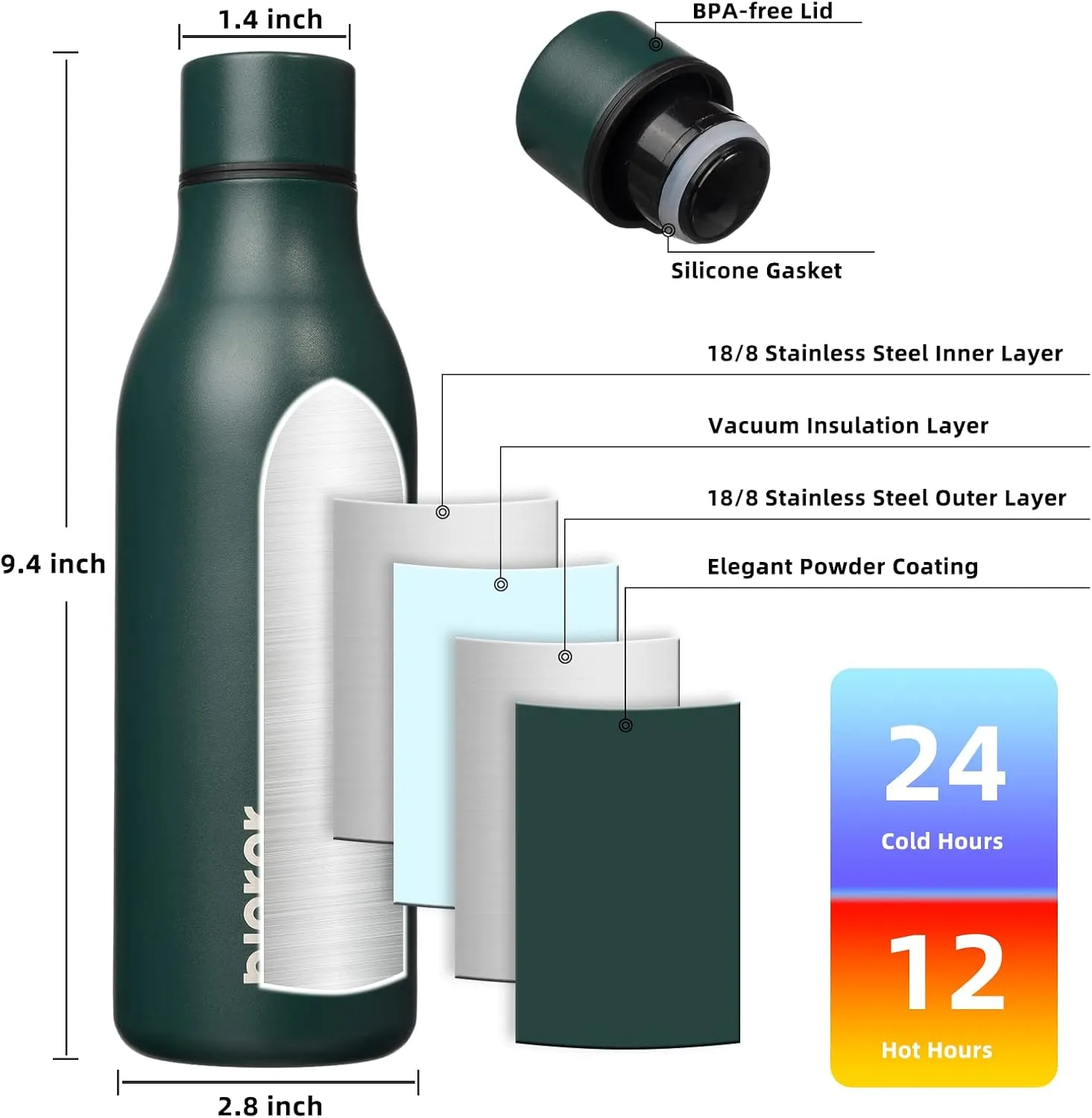 BJPKPK Insulated Water Bottles, 18 oz Stainless Steel Metal Water Bottle with Strap, BPA Free Leak Proof Thermos, Mugs, Flasks, Reusable Water Bottle for Sports & Travel, Army Green