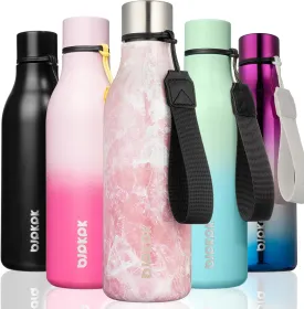 BJPKPK Insulated Water Bottles, 18 oz Stainless Steel Metal Water Bottle with Strap, BPA Free Leak Proof Thermos, Mugs, Flasks, Reusable Water Bottle for Sports& Travel, Blossom