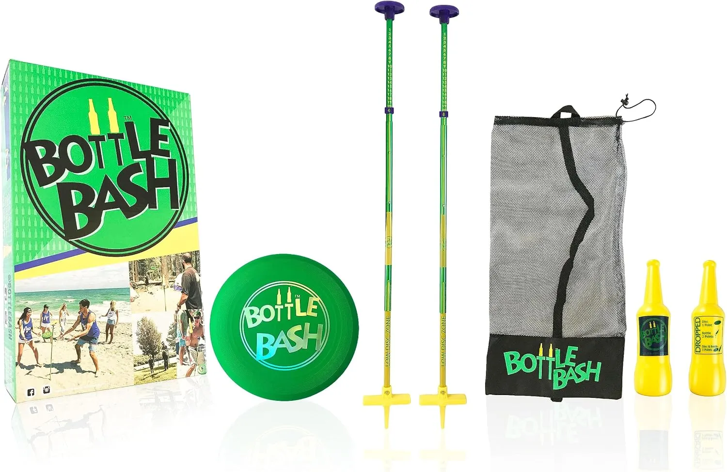 Bottle Bash Outdoor Flying Disc Game Set  Frisbee Toss Backyard and Beach Game for Family, Adult & Kids - Beersbee & Polish Horseshoes