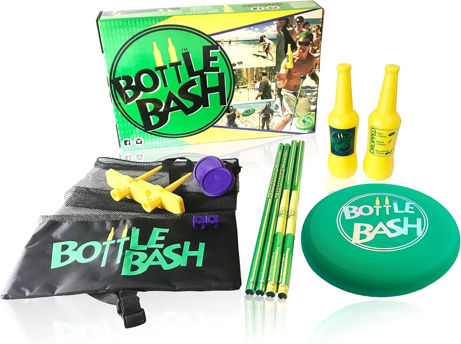Bottle Bash Outdoor Flying Disc Game Set  Frisbee Toss Backyard and Beach Game for Family, Adult & Kids - Beersbee & Polish Horseshoes