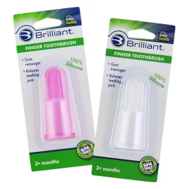Brilliant Baby Finger Toothbrush - Silicone Teether Brush and Gum Massager for Babies and Toddlers, 3 Months Old and Up, Gum and Tooth Cleaning Essentials for Baby/Toddler, Pink/Clear, 2 Brush Set