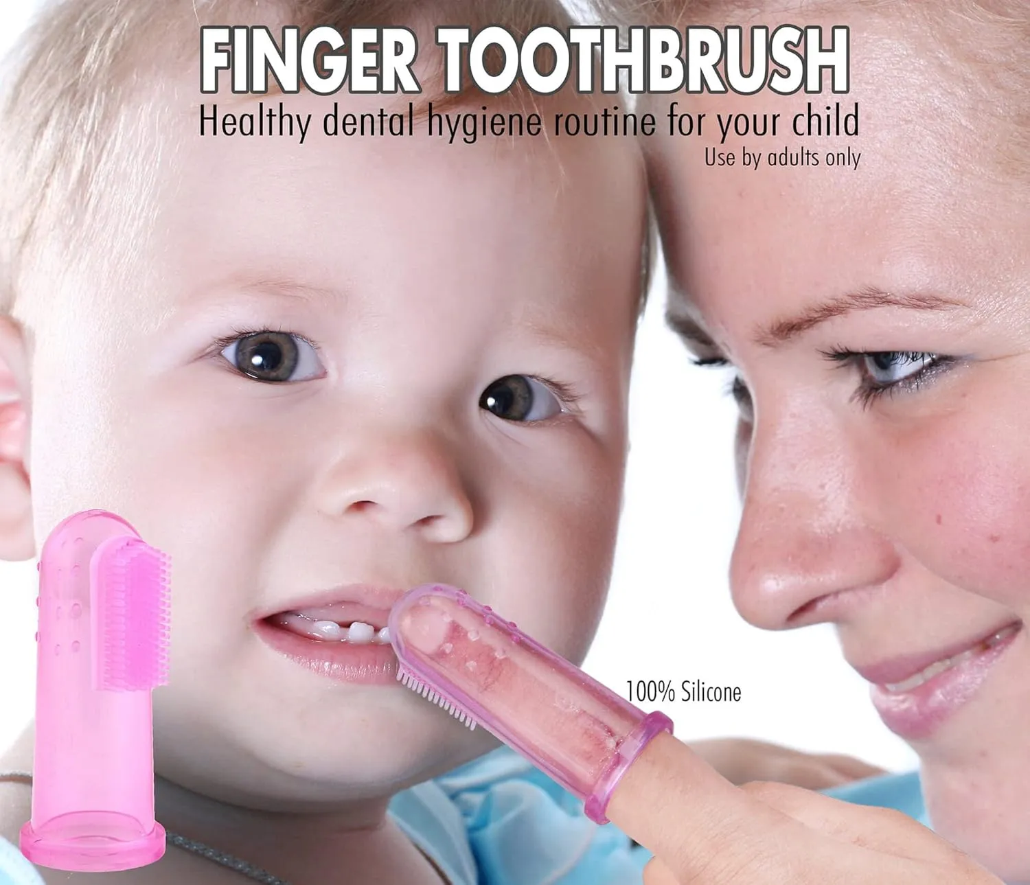 Brilliant Baby Finger Toothbrush - Silicone Teether Brush and Gum Massager for Babies and Toddlers, 3 Months Old and Up, Gum and Tooth Cleaning Essentials for Baby/Toddler, Pink/Clear, 2 Brush Set