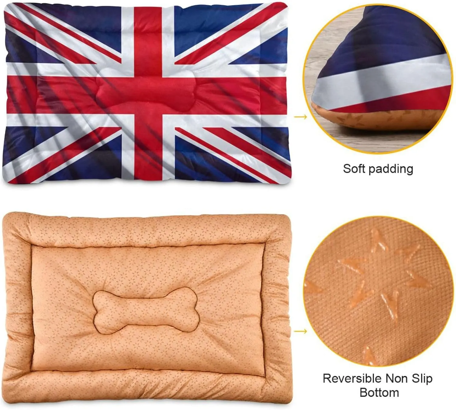 British Flag Dog Bed Cat Bed, Non-Slip Soft Pet Crate Mattress Washable Kennel Pad for Small Medium Large Dog Cat, 24 x 36 in