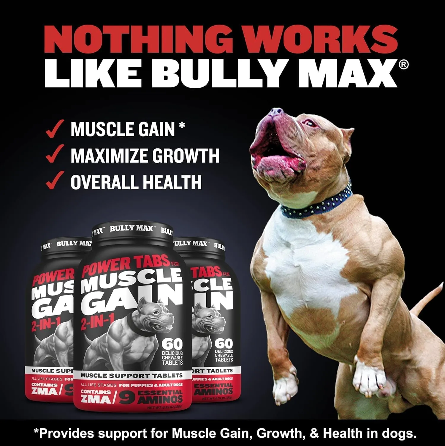 Bully Max 2-in-1 Muscle Builder Chewable Tablets for Puppies & Adult Dogs - Puppy & Dog Vitamins & Supplements for Muscle Gain & Growth - Ultimate Canine Multivitamins for All Breeds & Ages - 60 Tabs