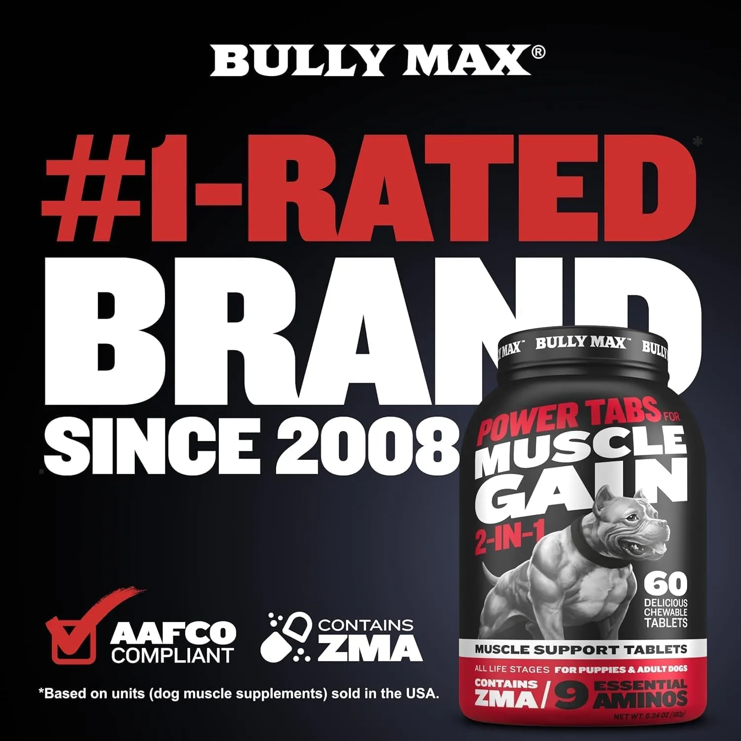 Bully Max 2-in-1 Muscle Builder Chewable Tablets for Puppies & Adult Dogs - Puppy & Dog Vitamins & Supplements for Muscle Gain & Growth - Ultimate Canine Multivitamins for All Breeds & Ages - 60 Tabs