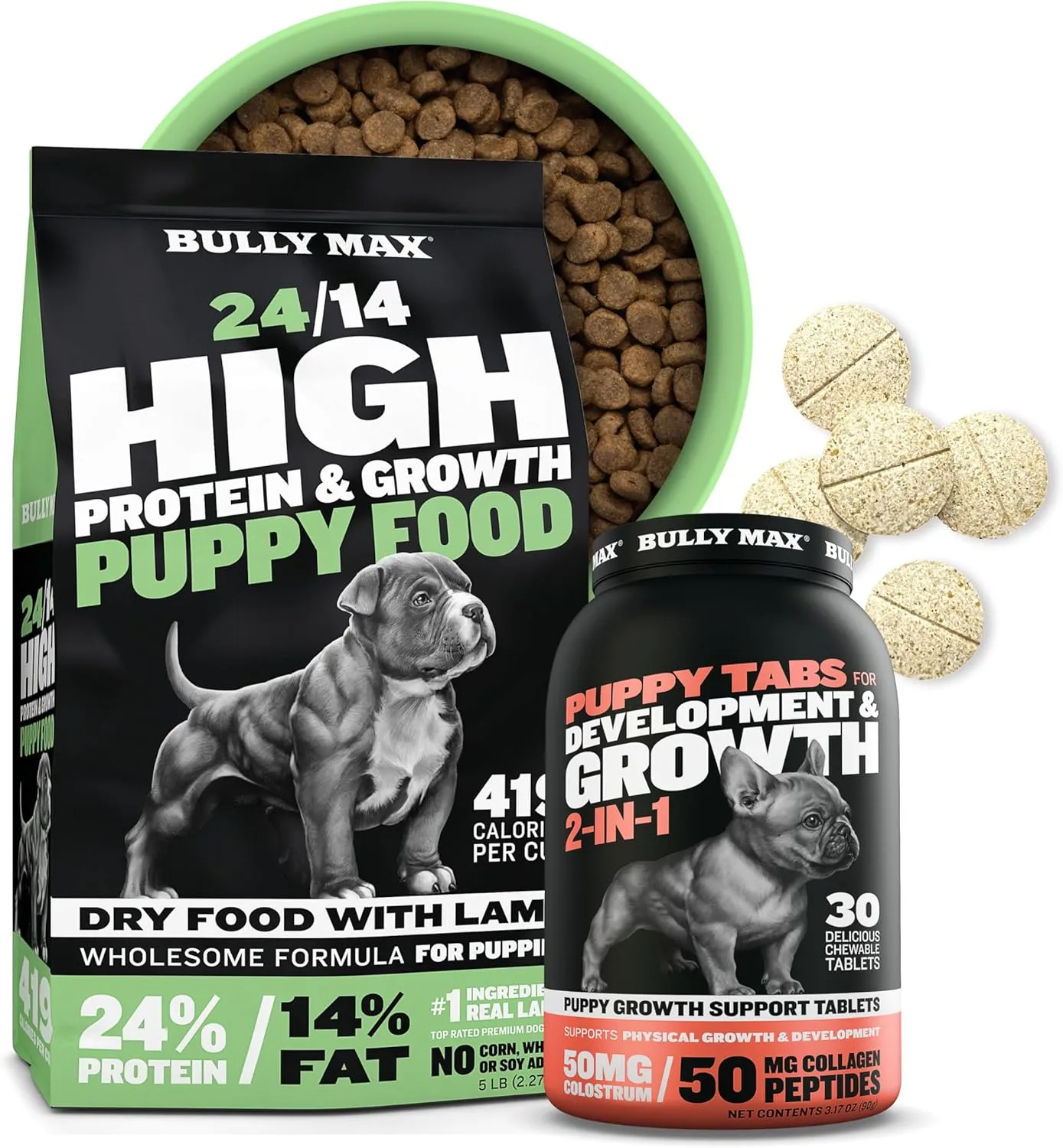 Bully Max 24/14 High Protein Puppy Food (5lbs.) and Puppy Vitamins (30 chewable tabs) for Development & Growth Bundle  Muscle, Immune, Bone & Digestive Support in Small and Large Breed Puppies