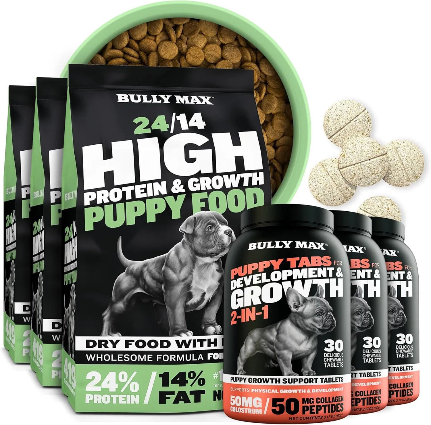 Bully Max Bulk Puppy Pack - High Protein Lamb & Rice Dog Food, 15 lb. (3 x 5 lb. Bags)   Growth & Development Puppy Vitamins (3 Bottles) - Ultimate Value Pack for Growing Puppies, Small & Large Breed