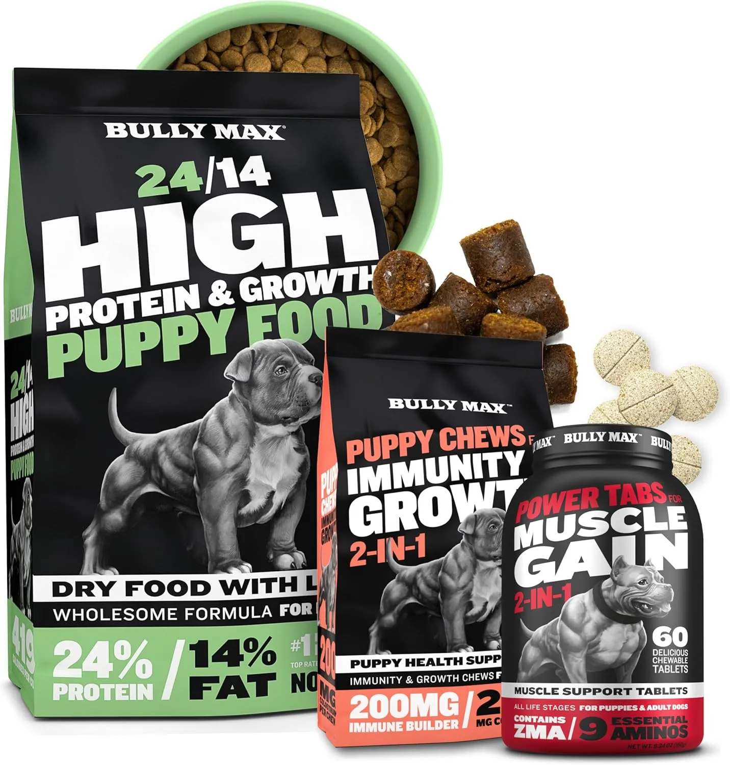 Bully Max High Protein Puppy Food (5lbs. Bag), Puppy Soft Chews for Immunity and Growth & Muscle Builder Tablets (60 tabs) for Puppies & Adult Dogs, All Breeds  Supporting Balanced Canine Health
