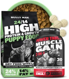 Bully Max Puppy Food & Muscle Builder Bundle - High Protein Lamb Puppy Food (5 lbs) & Muscle Builder Power Chewable Tabs (30 tabs) for Growth, Strength & Overall Wellness in All Breeds