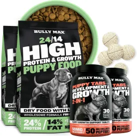 Bully Max Puppy Nutrition Bundle - High-Protein Lamb & Rice Dog Food (10 lbs, 2 x 5 lb Bags) & 2 Bottles of Multivitamin Tabs for Growth, Digestion & Development in Small & Large Breed Puppies