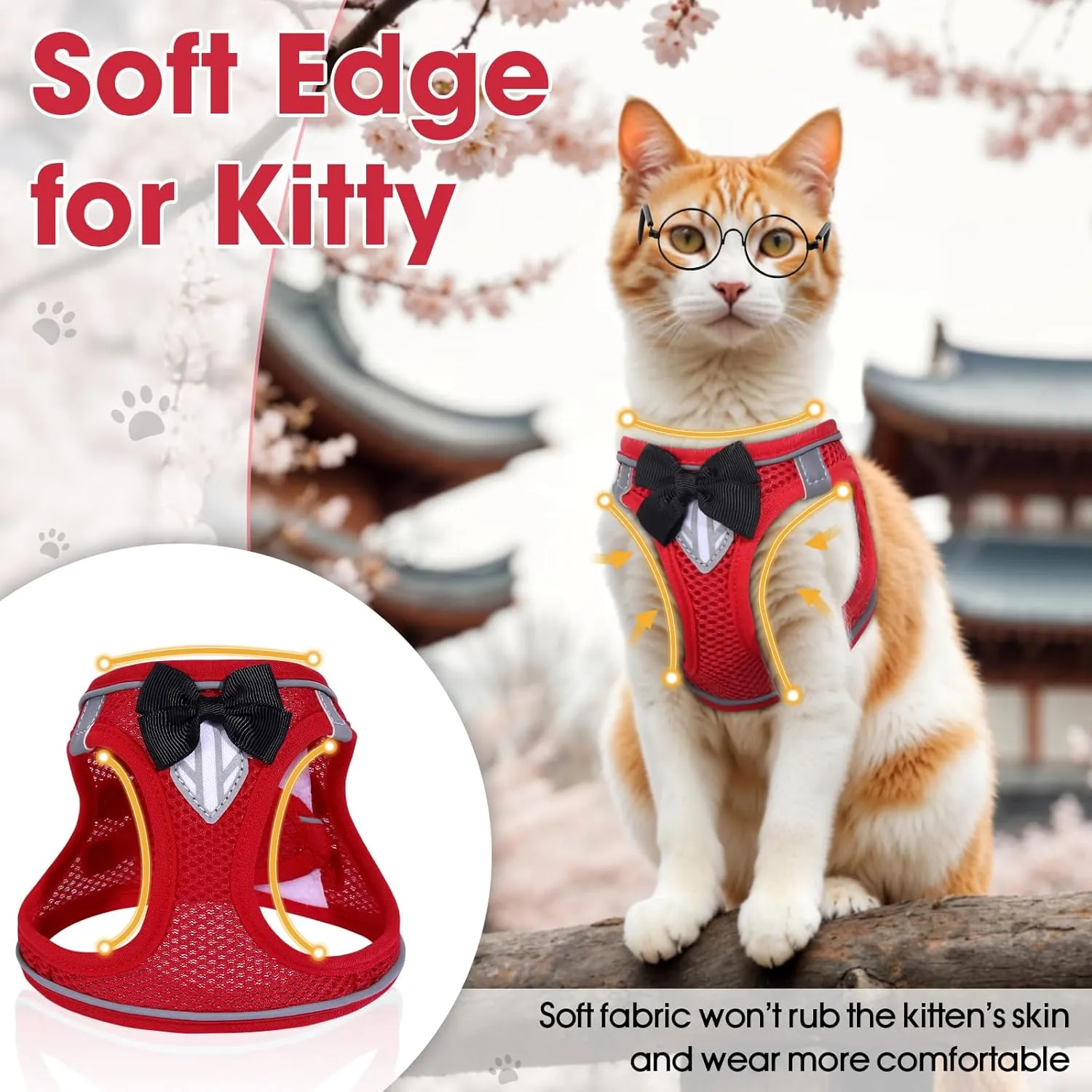 Cat Vest Harness and Leash Set for Walking, Escape Proof, Adjustable Kitten Harness, Breathable Mesh with Reflective Strips, Detective Conan-Inspired Design, Red, XS