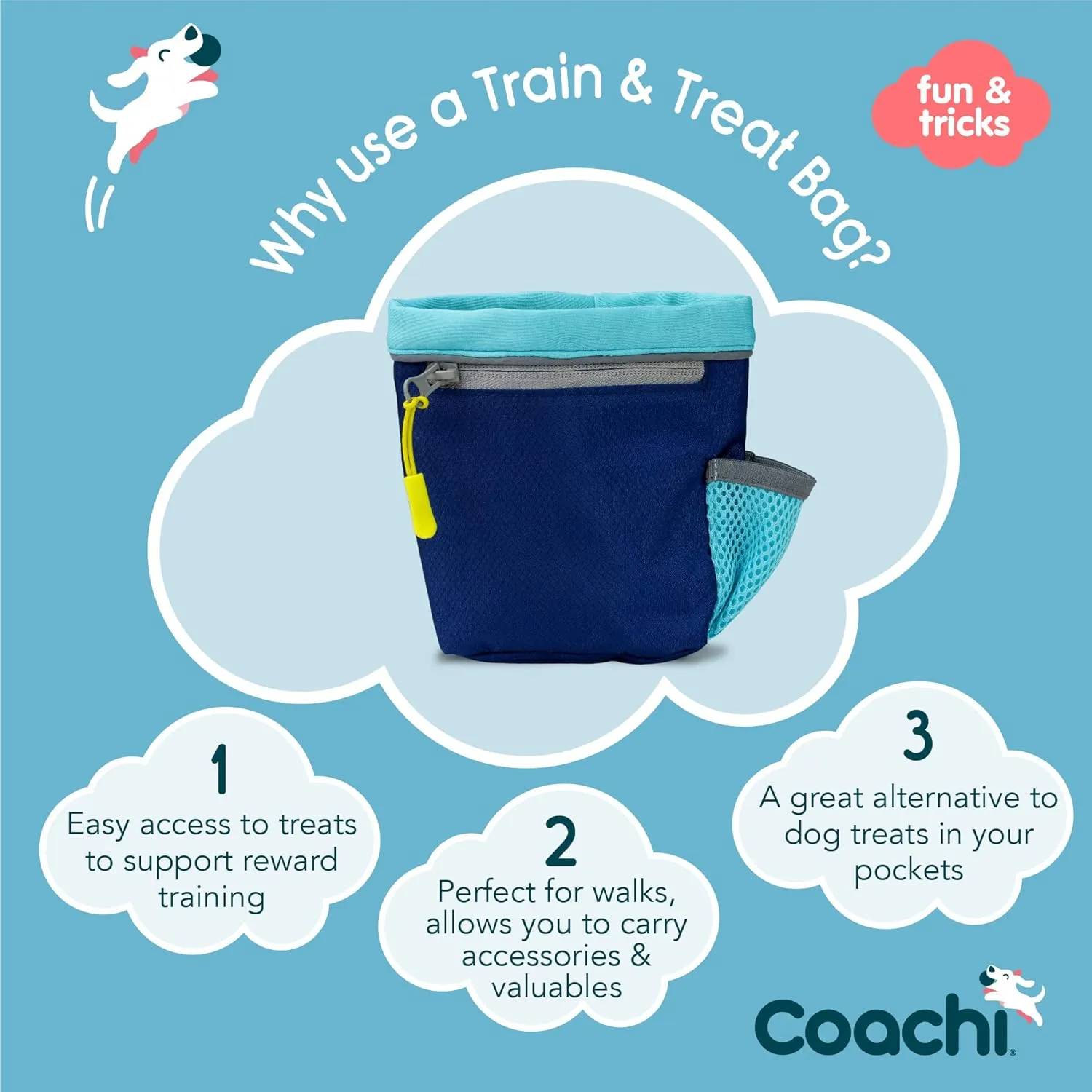 Coachi Train & Treat Bag, Pouch, Generously Sized Treat Compartment, Zipped Pocket, Drawstring Closure, Secure Attachment, Clips on Belt, Waistband or Pocket. Suitable for Dog Walking & Training