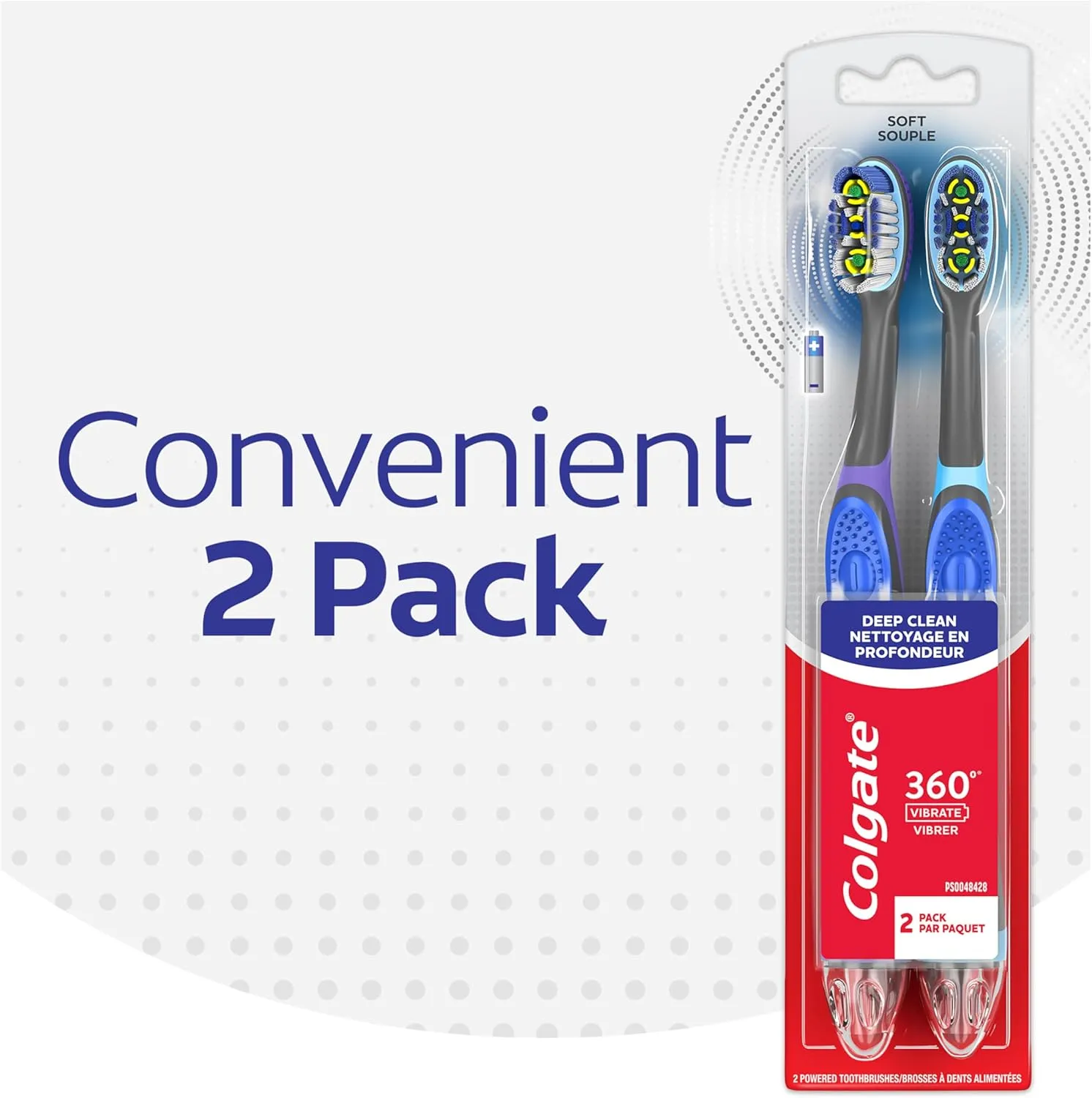 Colgate 360 Vibrate Deep Clean Battery Operated Toothbrush Pack, Disposable Electric Toothbrush with 1 AAA Battery Included, Whole Mouth Clean, 2 Pack