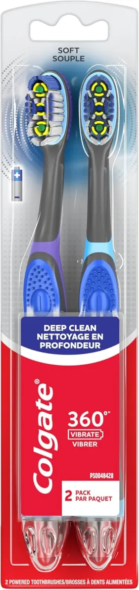 Colgate 360 Vibrate Deep Clean Battery Operated Toothbrush Pack, Disposable Electric Toothbrush with 1 AAA Battery Included, Whole Mouth Clean, 2 Pack