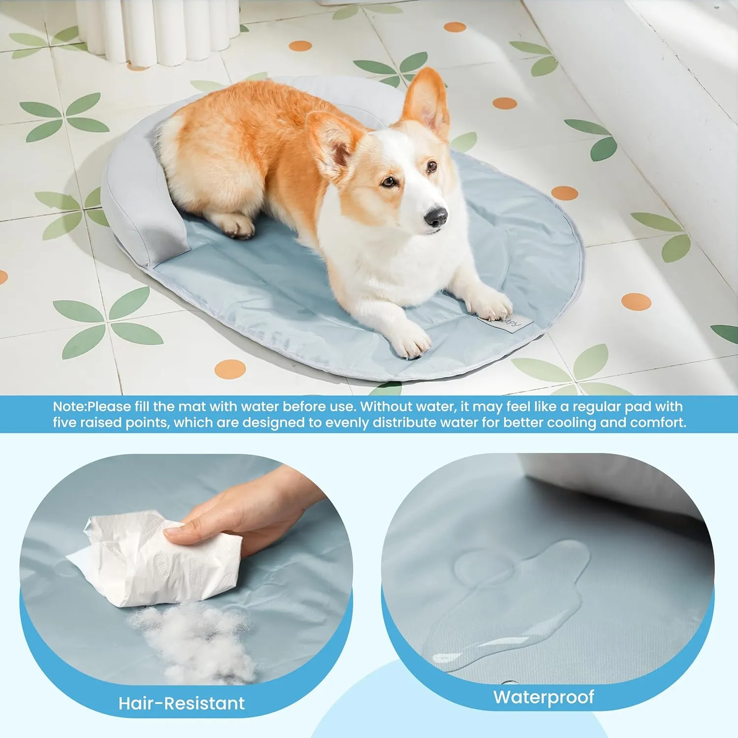 Cooling Dog Bed with Water Mat and Pillow, Waterproof Cooling Mat for Medium Small Dogs up to 50lbs, Pet Cool Pad with Summer Cool Fabric (Grey, C-Shaped)
