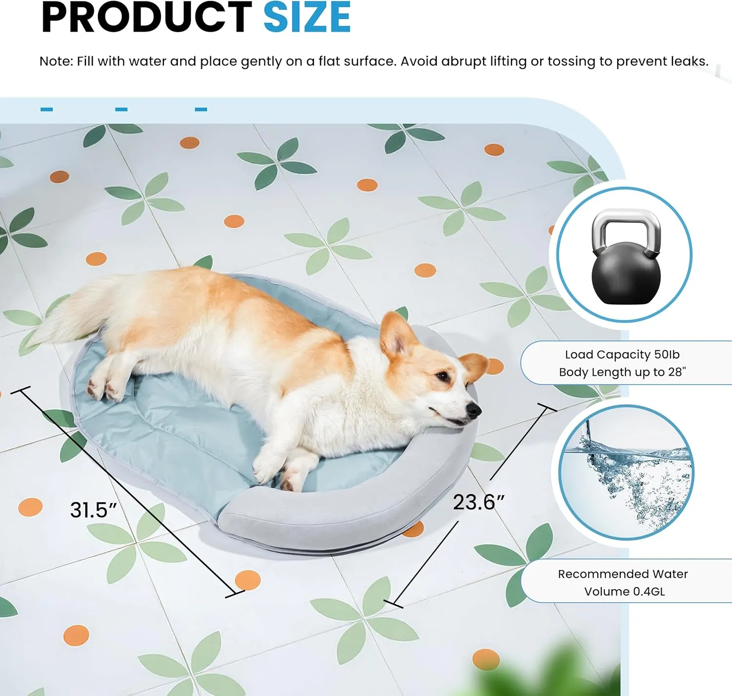 Cooling Dog Bed with Water Mat and Pillow, Waterproof Cooling Mat for Medium Small Dogs up to 50lbs, Pet Cool Pad with Summer Cool Fabric (Grey, C-Shaped)