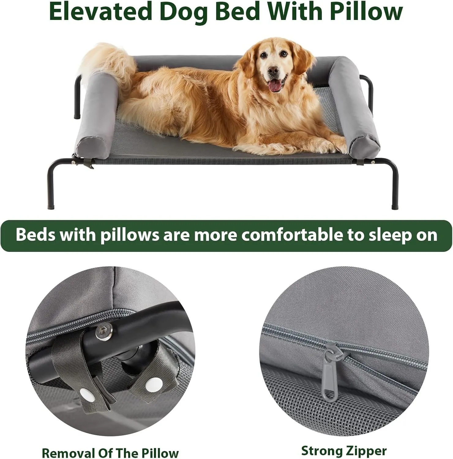 Cooling Elevated Dog Bed for Large Dogs  Waterproof Raised Dog Cot with Slope Headrest, Breathable Teslin Mesh, Durable & Portable Pet Bed for Indoor and Outdoor Use, Grey