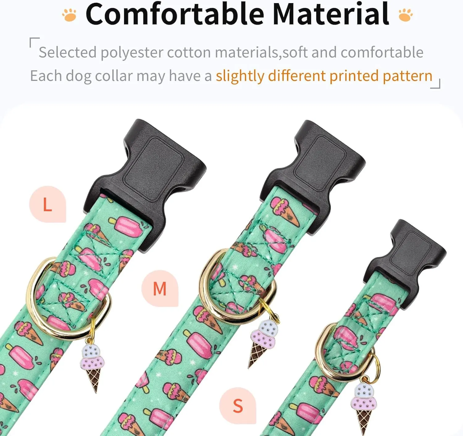 Cotton Dog Collar,Adjustable Cute Puppy Collar with Moon Patterned Design for Small Medium Large Dogs,Soft and Fancy Pet Collar with Safety Buckle for Girl Boy Dogs (Green Ice Cream, Medium)