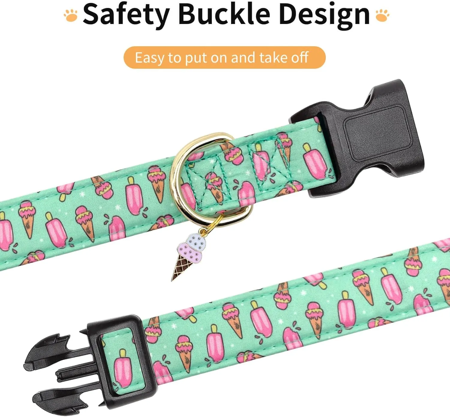 Cotton Dog Collar,Adjustable Cute Puppy Collar with Moon Patterned Design for Small Medium Large Dogs,Soft and Fancy Pet Collar with Safety Buckle for Girl Boy Dogs (Green Ice Cream, Medium)